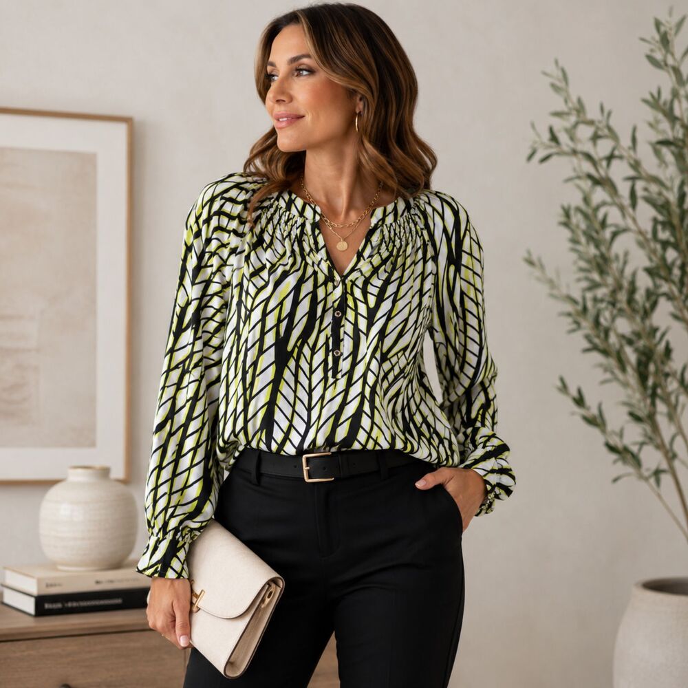 Dana Buchman Abstract Zebra Print Blouse Yellow Black White Women's M